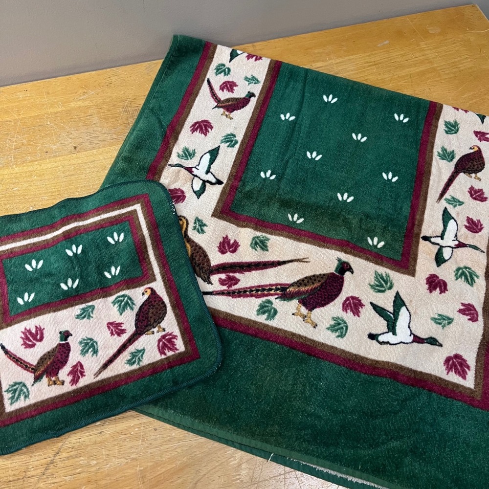 Vtg Green Wildlife Pheasant Duck Bath Towel Set Cabin Lodge Rustic Decor 2pc